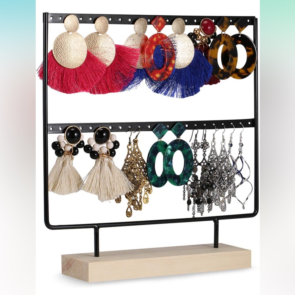 Jewelry Organizer Earring Holder Display Tree Black Metal and Wood Base Stand